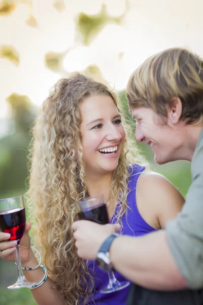 Um casal atraente desfrutando de um copo de vinho no parque — Fotografia de Stock