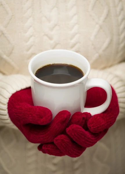 Woman in Sweater with Red Mittens Holding Cup of Coffee — Stock Photo, Image