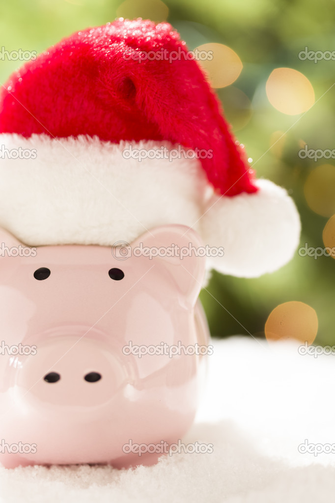 Pink Piggy Bank with Santa Hat on Snowflakes