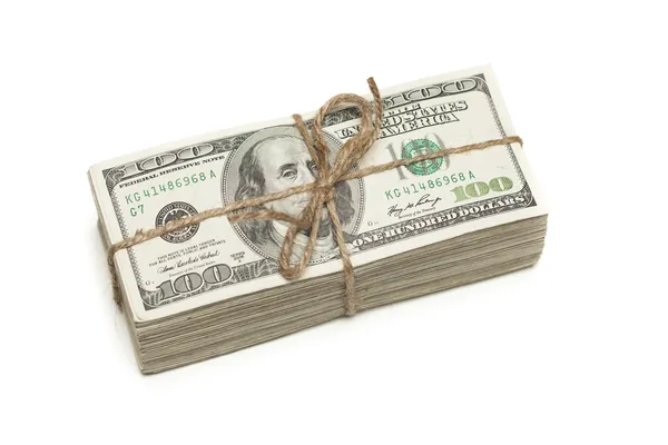 Stack of One Hundred Dollar Bills Tied in a Burlap String on Whi — Stock Photo, Image