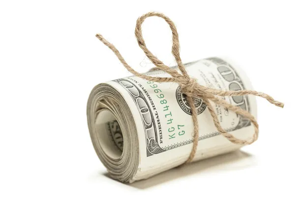Roll of One Hundred Dollar Bills Tied in Burlap String on White — Stock Photo, Image