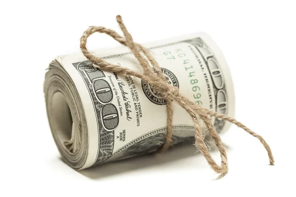 Roll of One Hundred Dollar Bills Tied in Burlap String on White — Stock Photo, Image