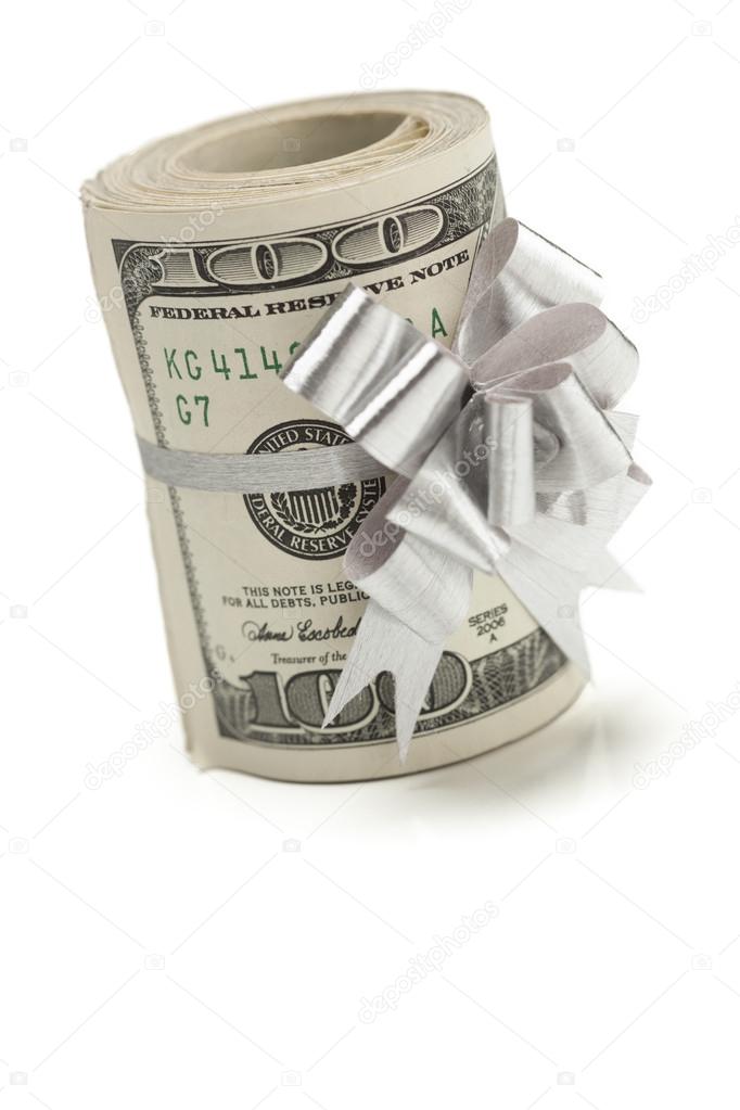Roll of One Hundred Dollar Bills Tied Silver Bow on White