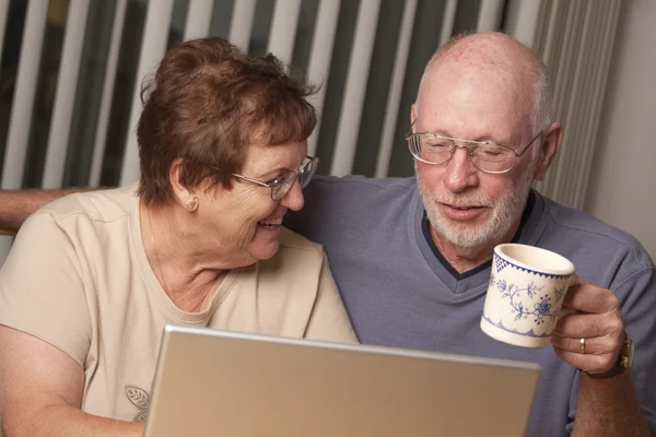 Glimlachend senior volwassen paar plezier op de computer — Stockfoto