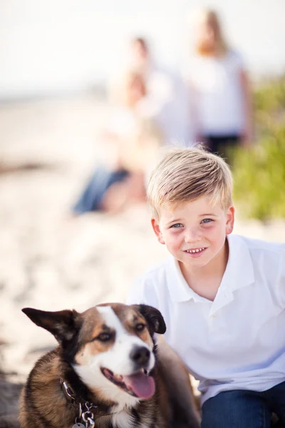 Bonito menino brincando com seu cão — Fotografia de Stock