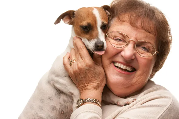 Feliz mulher sênior atraente com filhote de cachorro no branco — Fotografia de Stock