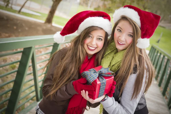 Zwei lächelnde Frauen mit Weihnachtsmützen und einem umwickelten Geschenk — Stockfoto