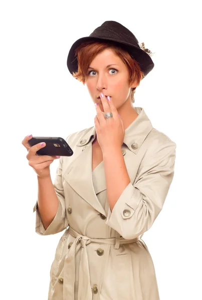 Shocked Young Woman Holding Smart Cell Phone on White — Stock Photo, Image