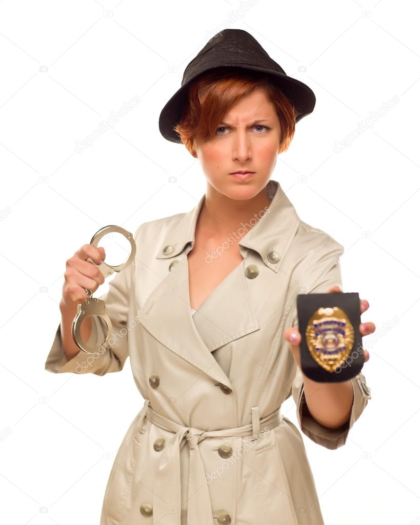 Female Detective With Handcuffs and Badge In Trench Coat — Stock Photo