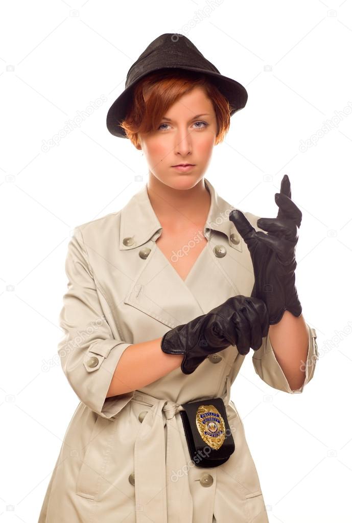 Download - Attractive Female Detective With Badge and Leather Gloves In Tre...