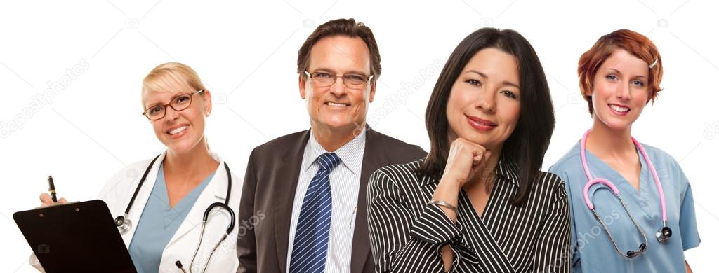 Hispanic Woman with Businessman and Male Doctors or Nurses