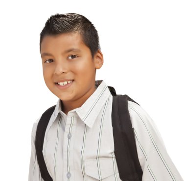 Happy Young Hispanic Boy Ready for School on White clipart