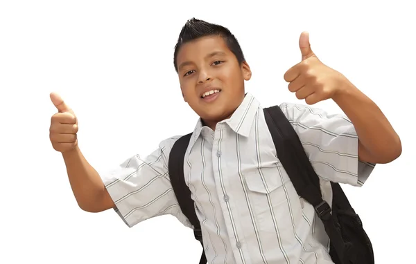 Glücklich junge hispanische Schuljunge mit Daumen nach oben auf weiß — Stockfoto