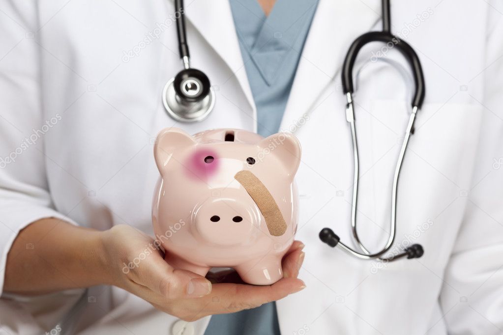 Doctor Holding Piggy Bank with Bruised Eye and Bandage