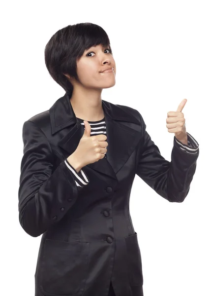 Happy Young Mixed Race Woman With Thumbs Up on White — Stock Photo, Image