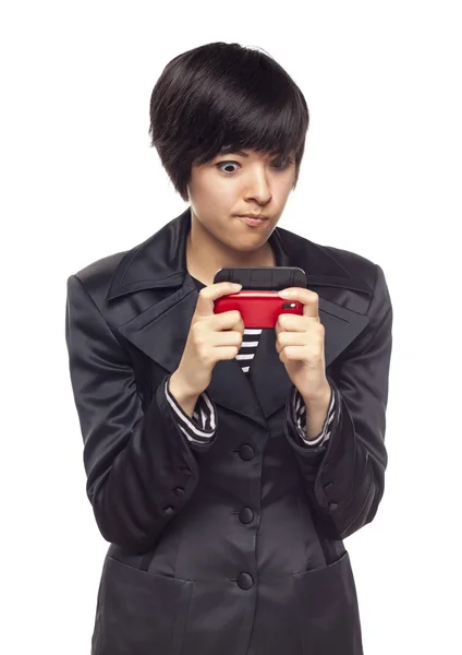 Expresiva mujer de raza mixta con teléfono celular en blanco — Foto de Stock
