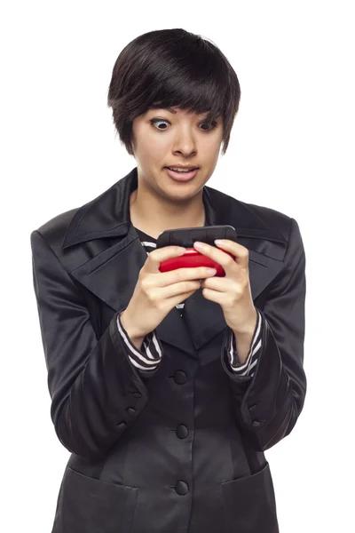 Expressive Mixed Race Woman with Cell Phone on White — Stock Photo, Image