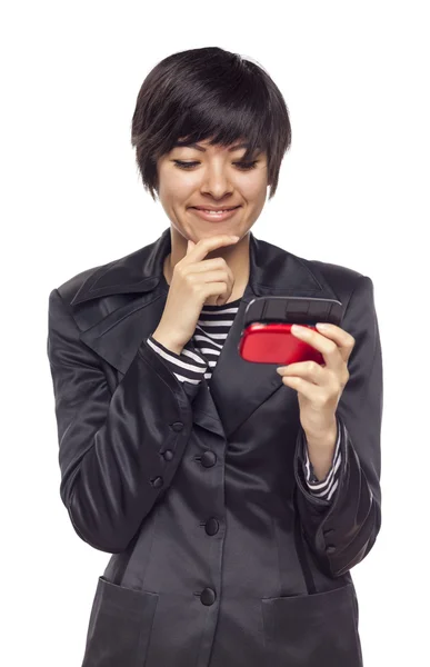 Expresiva mujer de raza mixta con teléfono celular en blanco —  Fotos de Stock