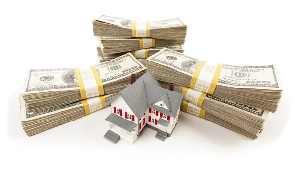 Stacks of Hundreds of Dollars with Small House — Stock Photo, Image