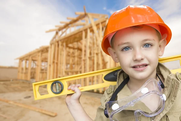 Child Boy Dressed Up as Handyman in Front of House Framing — Stock Photo, Image