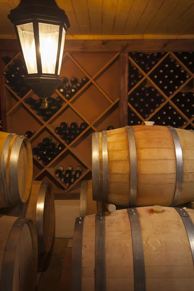 Wine Barrels and Bottles in Cellar — Stock Photo, Image