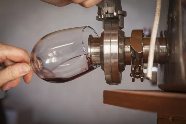 Vintner Pours Taste of Wine from Barrel into Glass — Stock Photo, Image