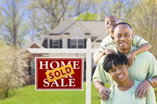 African American Family In Front of Sold Sign and House — Stock Photo, Image