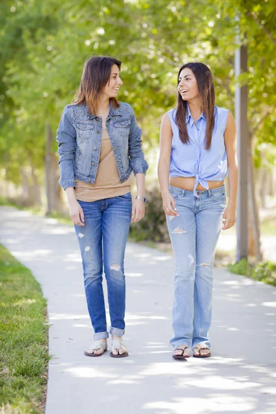 Young Adult Mixed Race Twin Sisters Walking Together — Stock Photo, Image