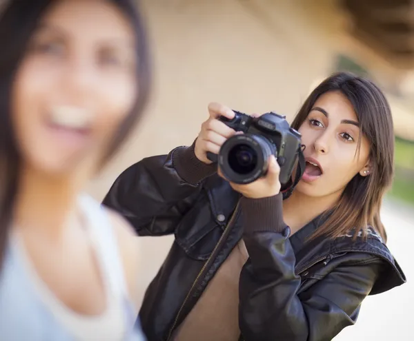 Excited Female Mixed Race Photographer Spots Celebrity — Stock Photo, Image