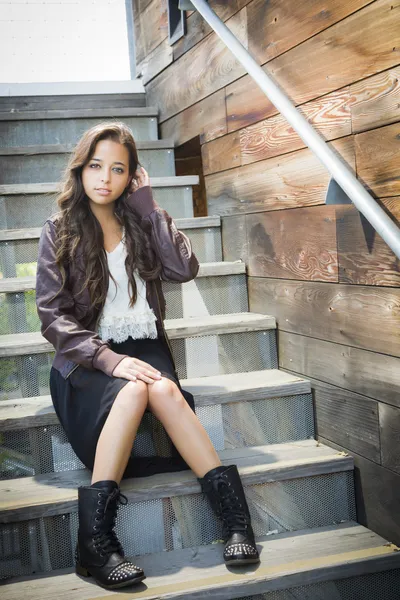 Mixed Race Young Adult Woman Portrait on Staircase — Stock Photo, Image