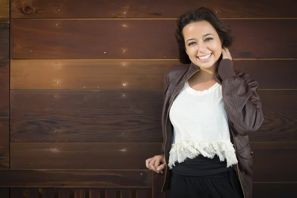 Mixed Race Young Adult Woman Portrait Against Wooden Wall — Stock Photo, Image