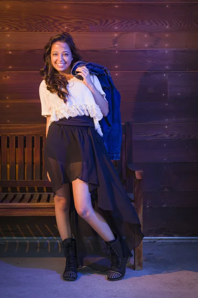 Mixed Race Young Adult Woman Portrait Against Wooden Wall — Stock Photo, Image