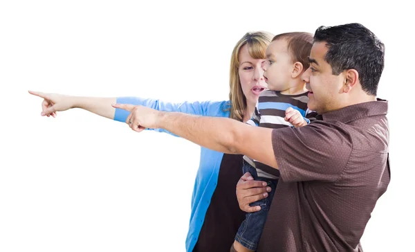 Mixed Race Couple Pointing With Son on White — Stock Photo, Image