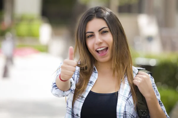 Mixed Race Female Student on School Campus with Thumbs Up — Stock Photo, Image