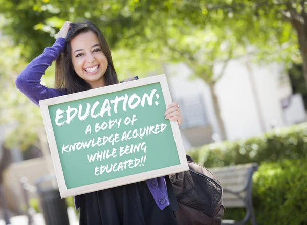 Mixed Race Female Student Holding Chalkboard With Education and — Stock Photo, Image