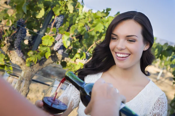 Ung kvinna njuter av glas vin vingård med vänner — Stockfoto