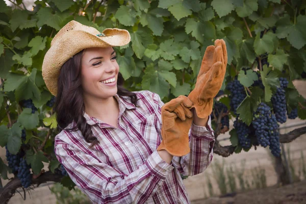 Joven adulto femenino usando sombrero de vaquero y guantes en la viña — Foto de Stock