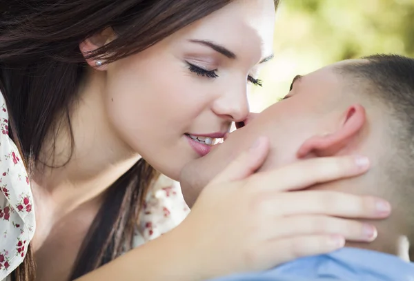 Mixed Race Romantic Couple Portrait in the Park — Stock Photo, Image