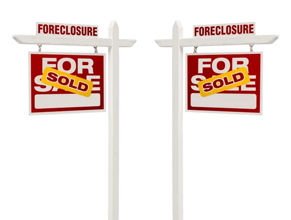 Two Foreclosure Sold For Sale Real Estate Signs, Clipping Path — Stock Photo, Image