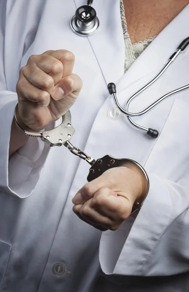 Läkare eller sjuksköterska i handbojor bär labbrock och stetoskop — Stockfoto
