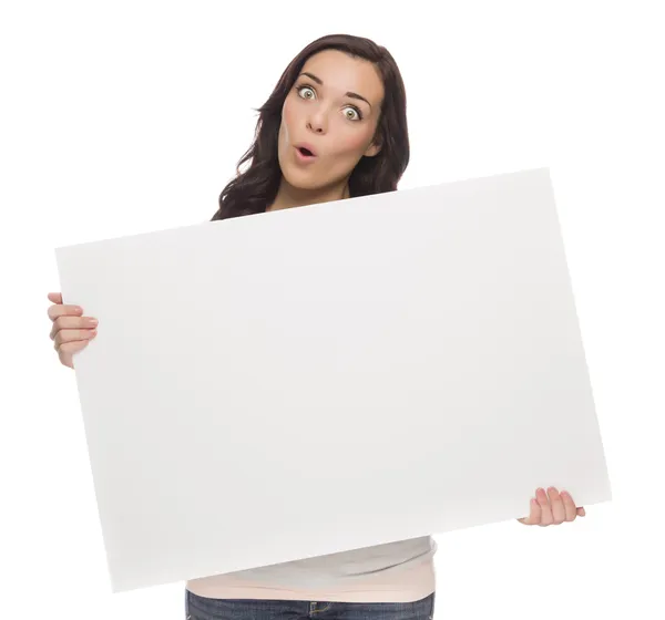 Wide Eyed Mixed Race Female Holding Blank Sign on Whit — Stock Photo, Image