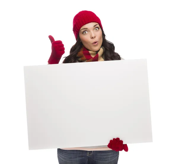 Nadšená dívka drží prázdný znak a dává palec nahoru gesto — Stock fotografie