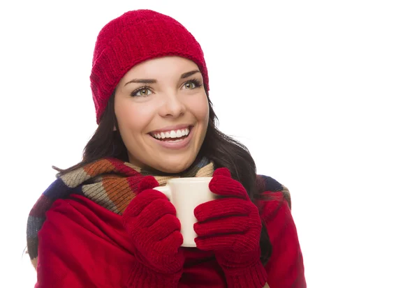 Smíšené rasy žena nosí rukavice drží hrnek vypadá na stranu — Stock fotografie