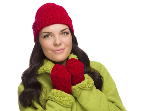 Grinning Mixed Race Woman Wearing Winter Hat and Gloves — Stock Photo, Image