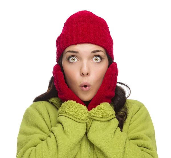 Mujer de raza mixta aturdida con sombrero y guantes de invierno —  Fotos de Stock