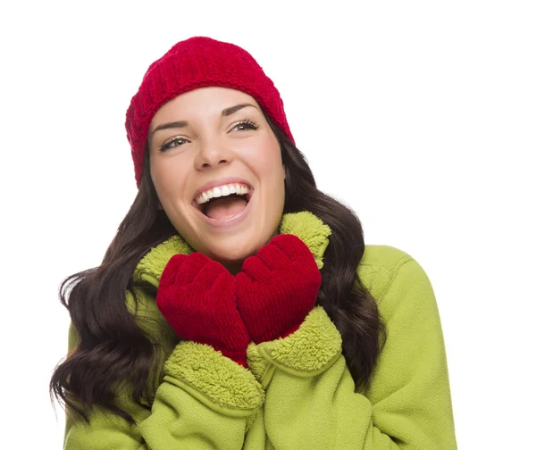 Misto razza donna indossa cappello e guanti cercando di lato — Foto Stock