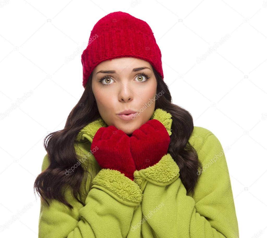Chilly Mixed Race Woman Wearing Winter Hat and Gloves