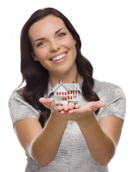 Pretty Mixed Race Woman Holding Small House Isolated on White — Stock Photo, Image