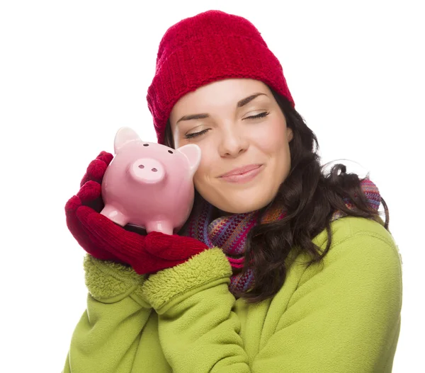 Agradável misto de raça mulher abraçando Piggybank isolado no branco — Fotografia de Stock