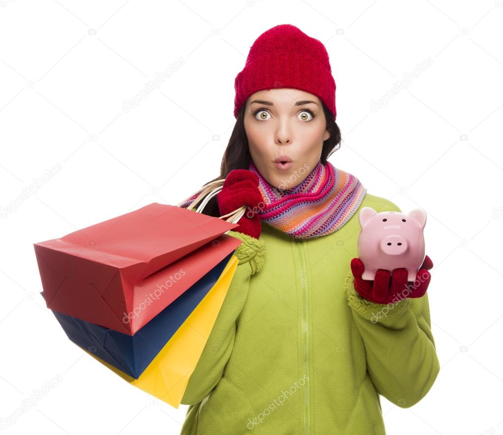 Concerned Expressive Mixed Race Woman Holding Shopping Bags and